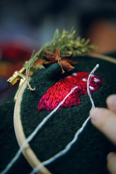 Stickverfahren mit Baumwollfaden von Pilzen Hut. — Stockfoto