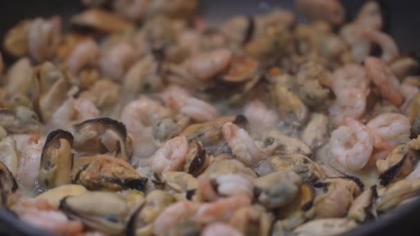 I frutti di mare sono stufati in padella. — Video Stock