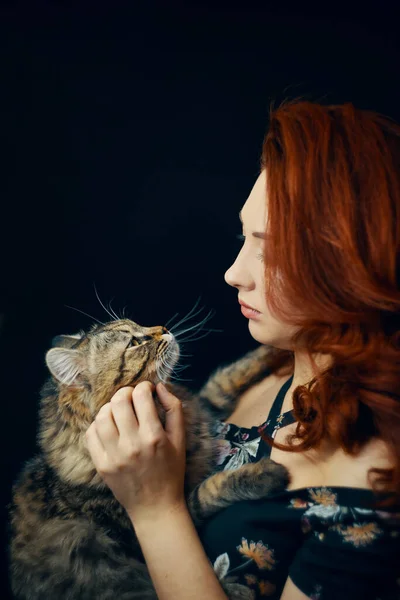 Kızıl saçlı kadın sarılır ve pofuduk kediyi okşar.. — Stok fotoğraf