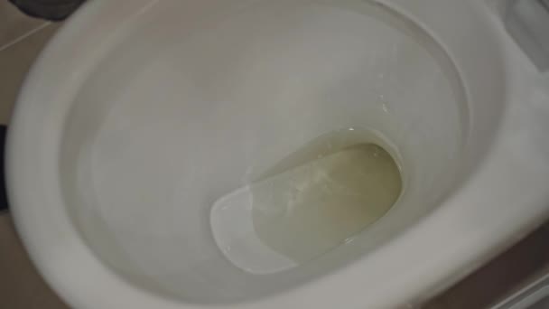 Man peeing and flushes behind him and closes the toilet lead. — Video