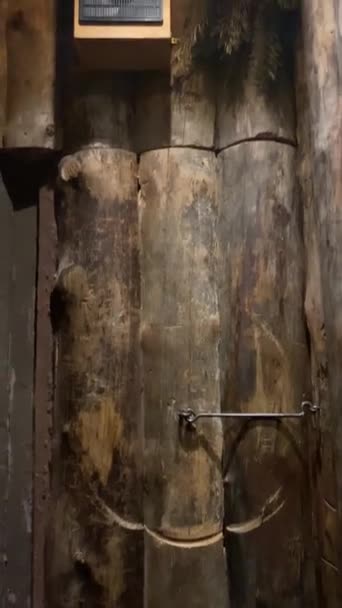 Stare Drzwi Kłód Głośnik Ścianie Drewniany Wiejski Dom Gałęzie Jodłowe — Wideo stockowe