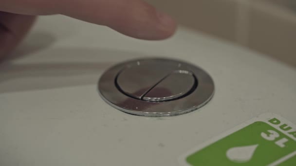 Mans Finger Presses Toilet Flush Button Hygiene Toilet Yourself Ceramic — Vídeos de Stock