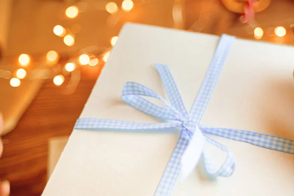 Close Blue Checkered Ribbon White Gift Box Christmas Birthday Surprise — Stock fotografie