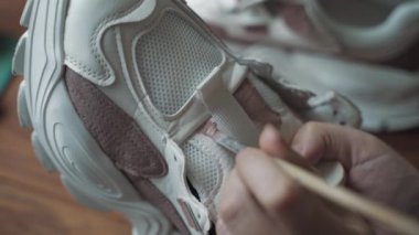 Close-up of artists hands paint white sneakers with brush with brown acrylic. Second shoe and wooden table in background. Workshop of shoemaker or designer.