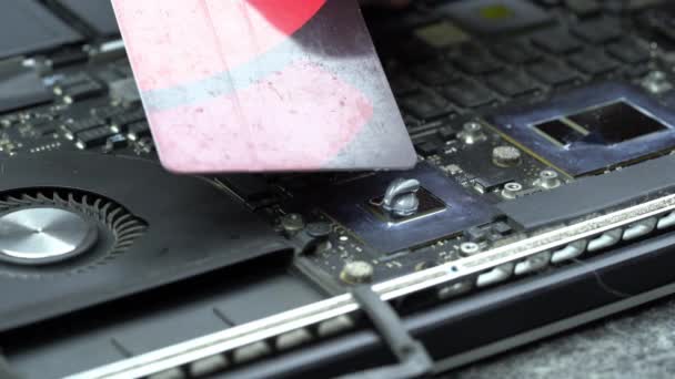 Computer Reparatur Techniker Macht Ausbreitung Der Wärmeleitpaste Auf Der Cpu — Stockvideo