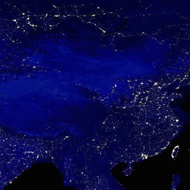Geceleri Asya kıtasının elektrik ışıkları haritası. Şehir ışıkları. Çin haritası. Dış uzaydan görüntü. Karışık ortam