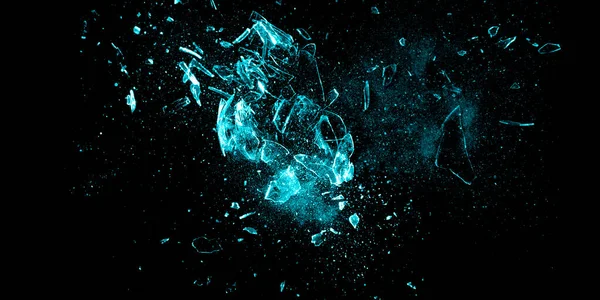 Kırık mavi cam parçaları siyah arka planda izole edilmiş. Kırık cam dokusu. Münferit gerçekçi çatlak cam etkisi. 3D tasarım için şablon 