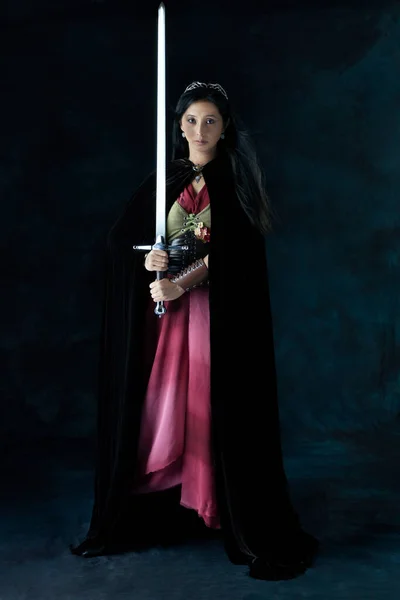 An elf (or other fantasy character) warrior woman wearing a laced bodice, velvet cloak, and draped skirt and holding a sword