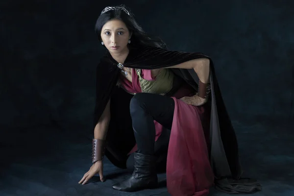 An elf (or other fantasy character) warrior woman wearing a laced bodice and draped skirt and crouching