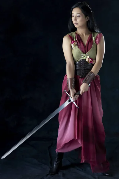 An elf (or other fantasy character) warrior woman wearing a laced bodice and draped skirt and holding a sword
