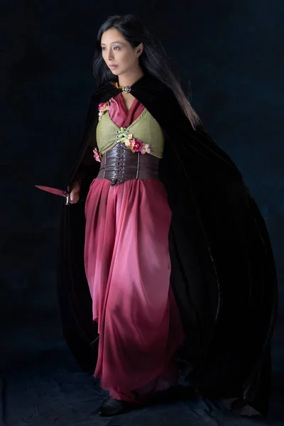 An elf (or other fantasy character) warrior woman wearing a laced bodice and draped skirt and holding a dagger