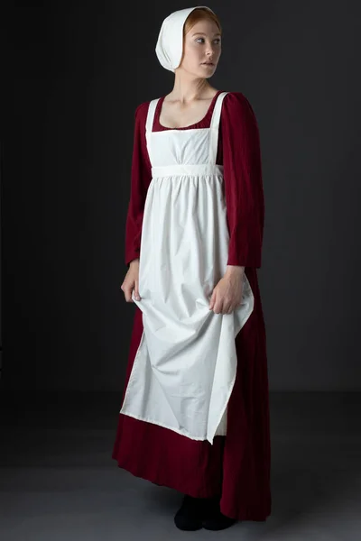 Regency Maid Servant Wearing Red Linen Dress Apron Cap Studio — Stock Photo, Image