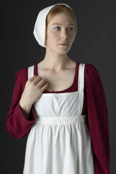 Regency Maid Servant Wearing Red Linen Dress Apron Cap Studio — Stock Photo, Image