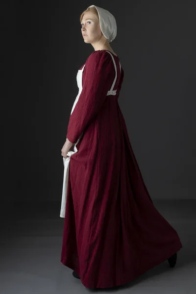 Regency Maid Servant Wearing Red Linen Dress Apron Cap Studio — Stock Photo, Image