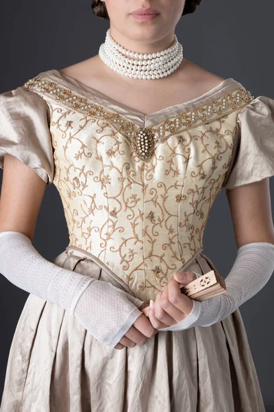 Victorian Woman Wearing Gold Ball Gown Long Lace Fingerless Gloves — Stockfoto