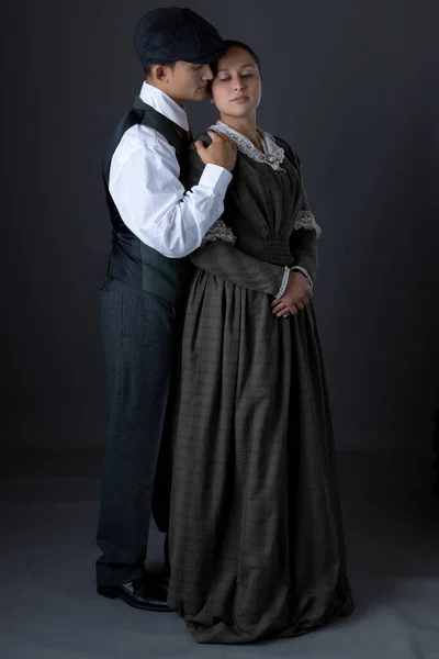 Romantic Working Class Victorian Couple Together Grey Studio Backdrop — Zdjęcie stockowe