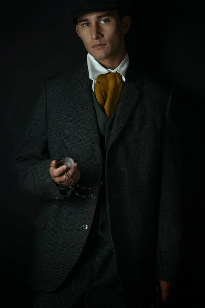 Working Class Victorian Man Standing Alone Black Backdrop May Gangster — Stock fotografie