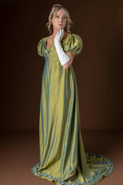 Blonde Regency Woman Wearing Green Shot Silk Dress Standing Studio — Stock Photo, Image