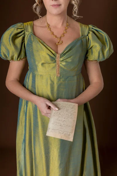 Blonde Regency Woman Wearing Green Shot Silk Dress Holding Letter — Stock Photo, Image