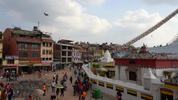2021年11月1日 尼泊尔加德满都 位于尼泊尔加德满都的布达纳斯古帕 Boudhanath Stupa 它有许多祈祷旗 鸽子和人们围绕着它散步 — 图库视频影像