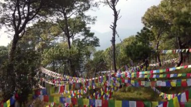 Bir tepenin tepesindeki ağaçlara asılmış Budist dua bayrakları üzerinde dalgalanan.