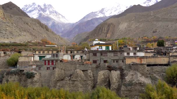 Small Tibetan Town Himalaya Mountains Nepal Prayer Flags Blowing Breeze — Stock Video