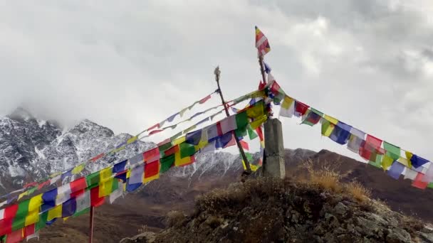 Small Hillock Prayer Flags Top Blowing Wind — Stock Video