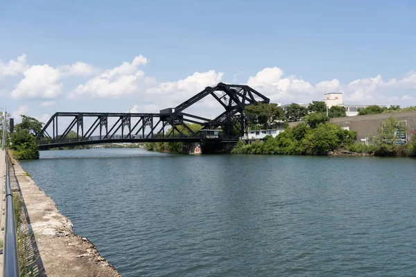 A closed drawbridge on the Erie Canal in Buffalo City.