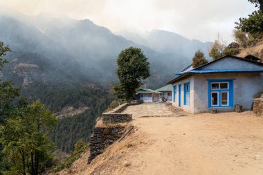 Himalaya Dağları 'ndaki küçük bir köyden geçen bir patika. Yakındaki bir orman yangınından çıkan dumanla kaplı..