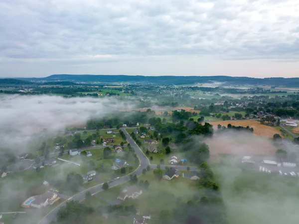 Aerial View Fog Covers Landscape Fields Farms Small Towns Early —  Fotos de Stock