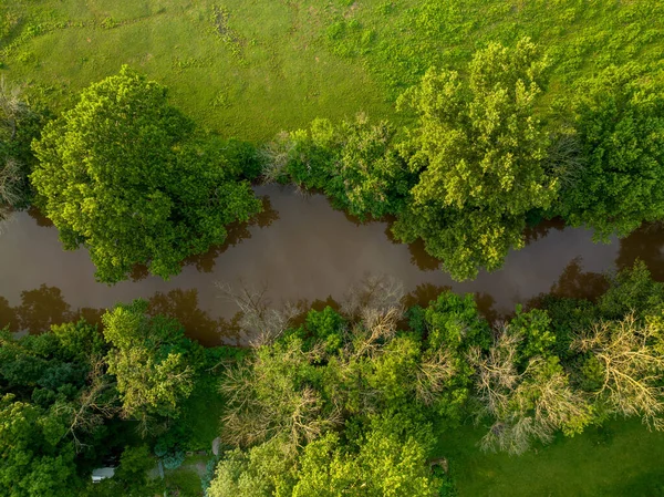 Aerial Straight View Creek Bordered Trees Fields Stock Picture