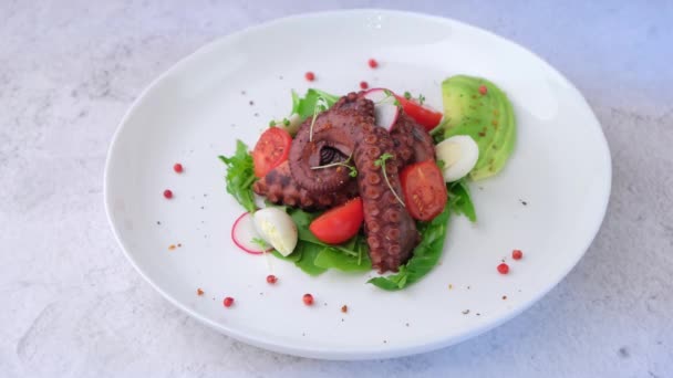 Warme Salade Met Octopus Kerstomaten Avocado Arugula Kwarteleitjes Radijs Een — Stockvideo
