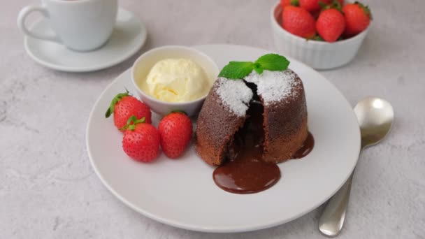 Lava Cake Dripping Filling Chocolate Fondant Cake Vanilla Ice Cream — Stock Video