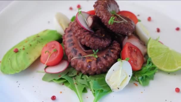 Salada Quente Com Polvo Tomate Cereja Abacate Rúcula Ovos Codorna — Vídeo de Stock