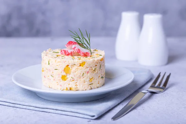 Crab Salad Corn Eggs White Plate Serving Portions Traditional Russian — Stock Photo, Image