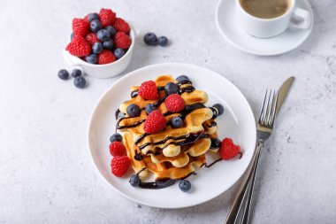 Taze böğürtlen (ahududu ve yabanmersini) ve beyaz tabakta çikolata sosu ve bir fincan kahve ile Viyana ya da Belçika waffleları. Geleneksel tatlı. Yakın plan, beyaz arkaplan, üst görünüm.