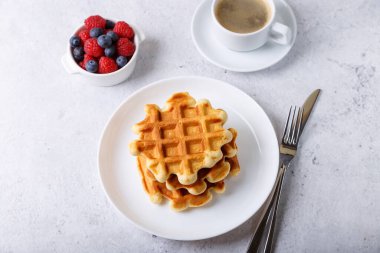 Beyaz bir tabak ve bir fincan kahve üzerinde taze böğürtlen (ahududu ve yabanmersini) ile Viyana ya da Belçika waffleları. Geleneksel tatlı. Yakın plan, beyaz arkaplan, üst görünüm.