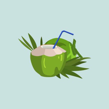 Pastel Renkli Yeşil Hindistan Cevizi Çizimi, yaz tatili. Taze hindistan cevizli plaj tatili