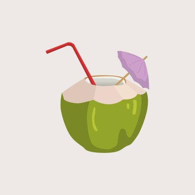 Pastel Renkli Yeşil Hindistan Cevizi Çizimi, yaz tatili. Taze hindistan cevizli plaj tatili