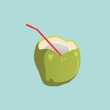 Pastel Renkli Yeşil Hindistan Cevizi Çizimi, yaz tatili. Taze hindistan cevizli plaj tatili