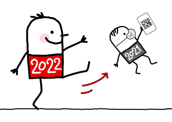 Ręcznie Rysowane Kreskówki Big 2022 Człowiek Kopie Mały 2020 Maską — Wektor stockowy