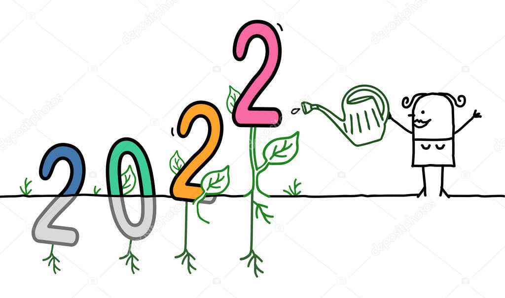 Hand drawn Cartoon Woman Watering a big colored 2022 sign