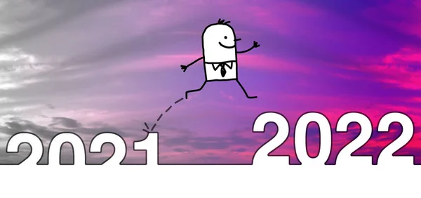 手绘卡通男子跳跃从灰色2021年至粉色2022年 — 图库照片