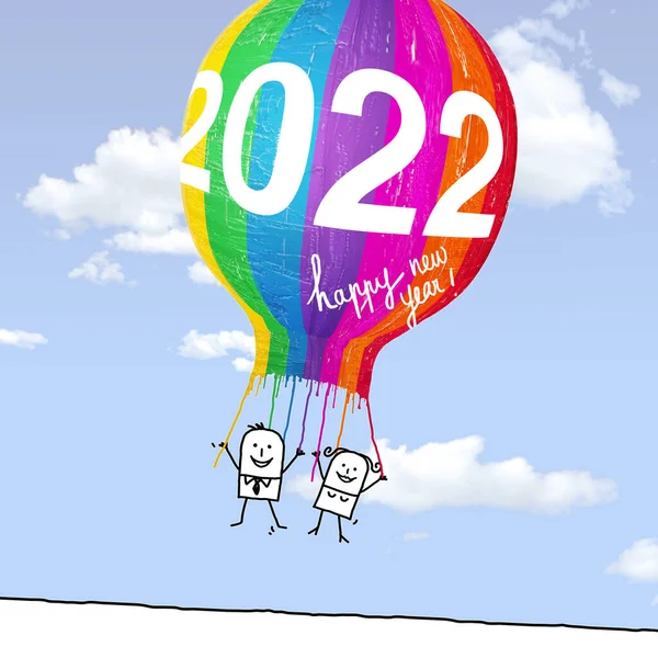 カラフルな気球と2022年の白い看板を持つ漫画の男と女を描きました Happy New Year — ストック写真