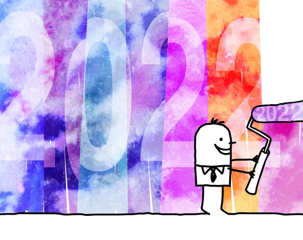 Hand Getekend Cartoon Man Schilderen Van Een Kleurrijke Achtergrond Met — Stockfoto