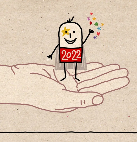 Ręcznie Rysowane Kreskówki 2022 Super Hero Stojący Ludzkiej Dłoni Życzeniami — Zdjęcie stockowe