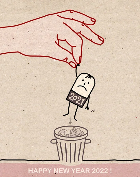 Menschliche Hand Wirft Eine Zeichentrickfigur Den Papierkorb Neujahr 2022 Braune — Stockfoto