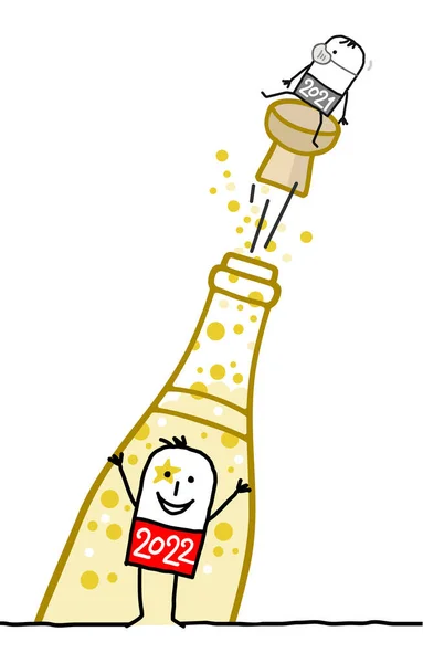 Handgezeichneter Cartoon 2022 Mann Mit Champagnerflasche Und Ein Kleiner Mann — Stockvektor