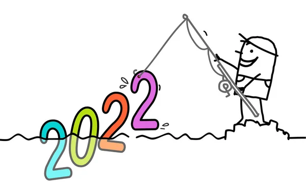 手绘漫画男子钓鱼一个大彩色2022年标志 — 图库矢量图片