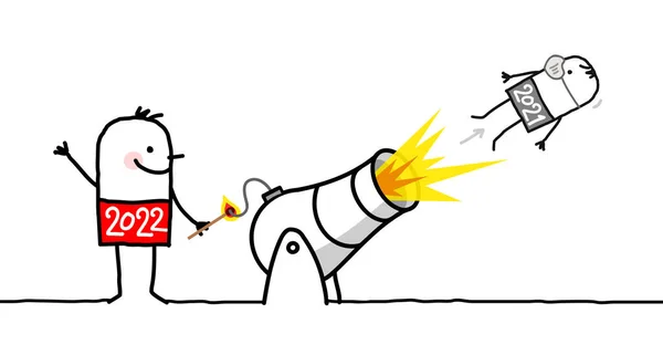 Ζωγραφισμένο Στο Χέρι Cartoon 2022 Άνθρωπος Κανόνι Και Φωτιά Και — Διανυσματικό Αρχείο